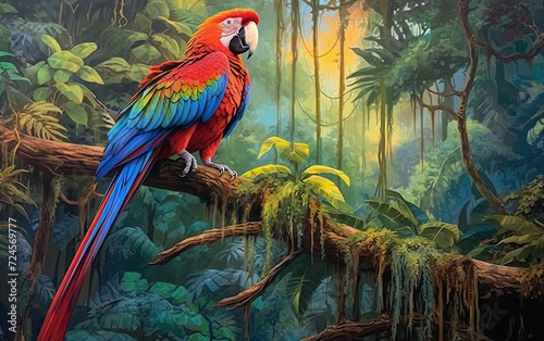 Vibrant Macaw Amid Rainforest