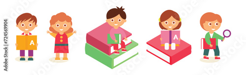 Kids with Book as Study and Education Vector Set