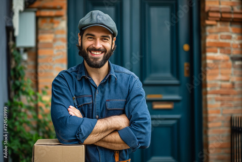 happy young delivery man in red cap standing with parcel post box photo