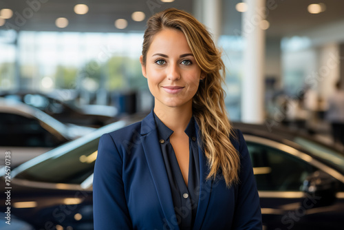 Professional young female dealer with clipboard smiling and looking at camera friendly while standing near modern automobile in car showroom