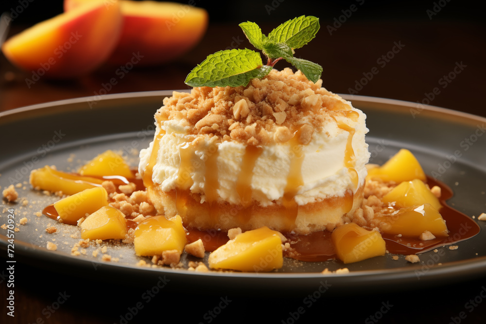 Plate with tasty peach dessert on plate. Close-up, dark background Plate with tasty peach dessert on plate. Close-up, dark background