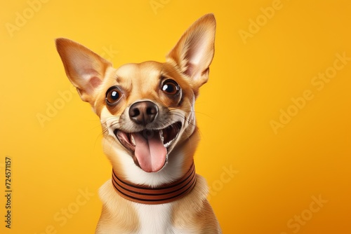 Cute and smart dog looking surprised at camera with space for text on vibrant orange background © chelmicky