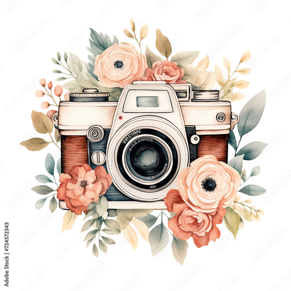 custom made wallpaper toronto digitalVintage photo camera logo with flowers watercolor illustration png isolated on a transparent background, clipart