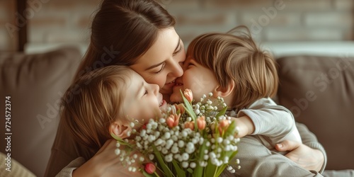 woman is hugged by children and given flowers
