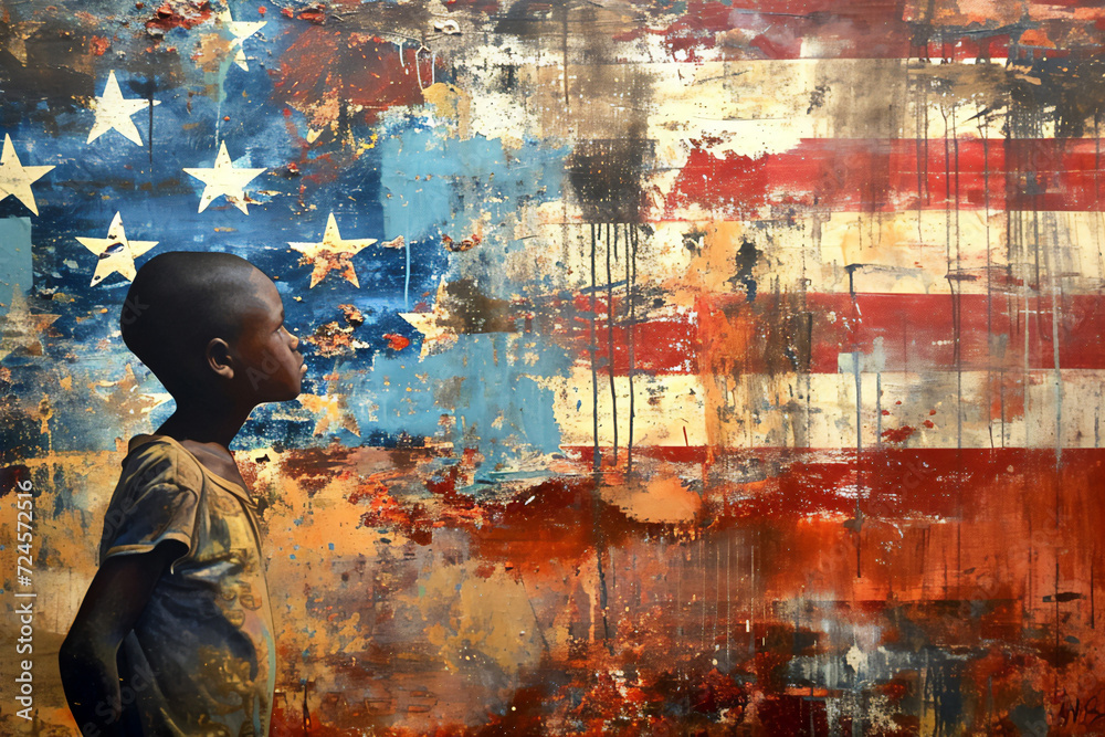 Poverty in the USA showing a homeless underprivileged black Afro ...