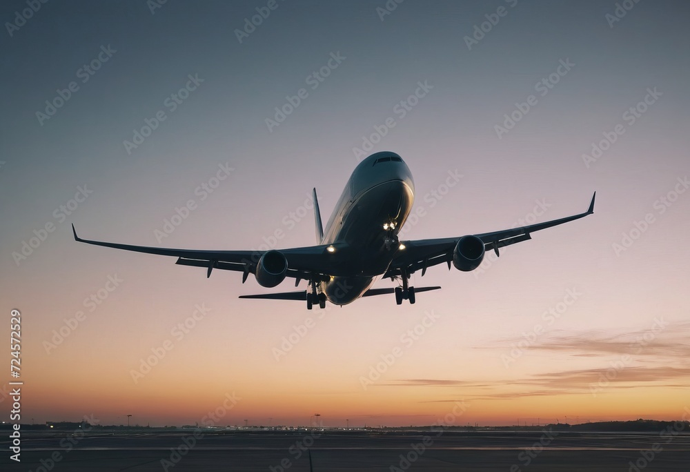 Passanger white plane lands. Airplane on the platform of Airport. Runway. Landing aircraft closeup. Mockup plane with place for text. Cloudy sky. Copy space.