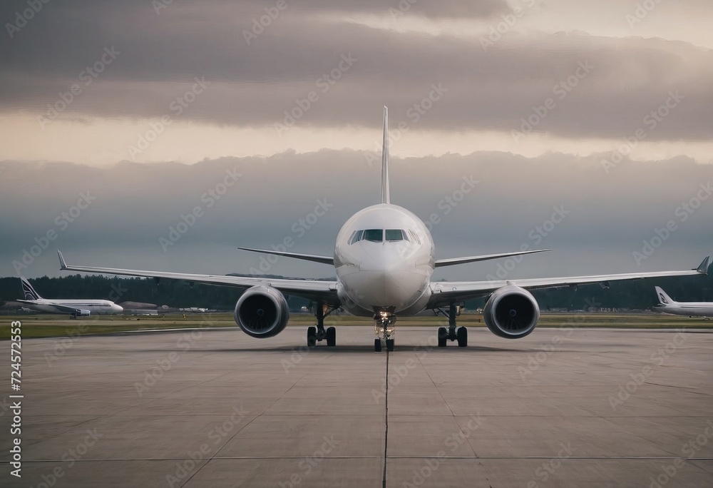 Passanger white plane lands. Airplane on the platform of Airport. Runway. Landing aircraft closeup. Mockup plane with place for text. Cloudy sky. Copy space.
