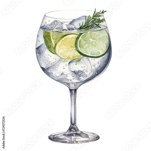 glass of Gin and tonic alcoholic drink watercolor illustration png isolated on a transparent background, cocktail clipart
