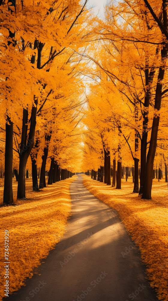 Fototapeta premium Autumn Path in Park: Vibrant Orange Leaves
