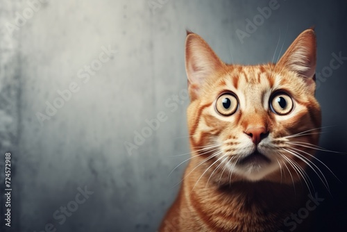 Startled feline - adorable surprised cat with wide eyes staring at camera, blank space for text