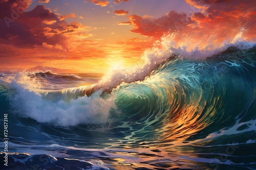 Sunrise on the beach and ocean waves on a tropical sea