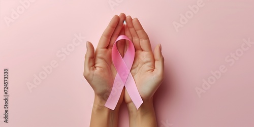 Woman holding pink ribbon over pink background, breast cancer.