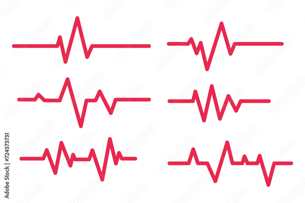 Six ecg heartbeat lines red collection