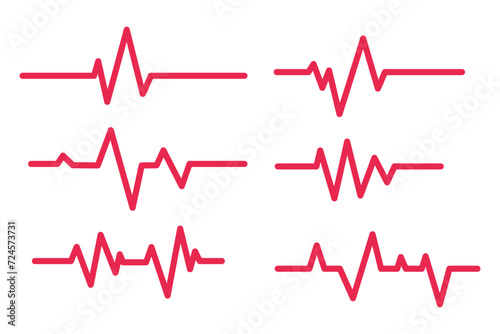 Six ecg heartbeat lines red collection