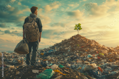 a man holding a bag with a small seedling on his shoulders, who is tired of fighting with the consumer society, standing on top of a garbage hill and looking at hill of garbage with small tree 