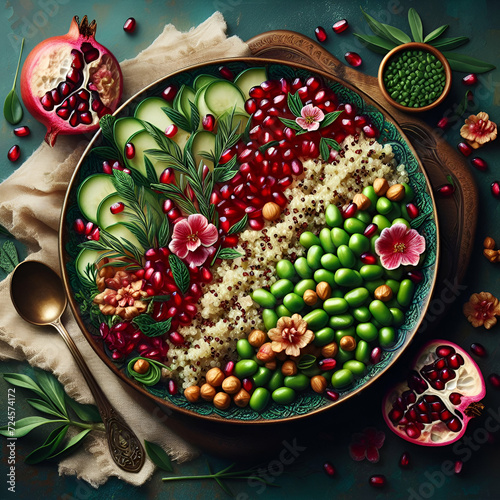A quinoa salah, with fluffy grains, ruby pomogranate, emerald edamame, crispy roasted chickpeas, adding a symohony of crunch, healthy food, fruits, plating photo