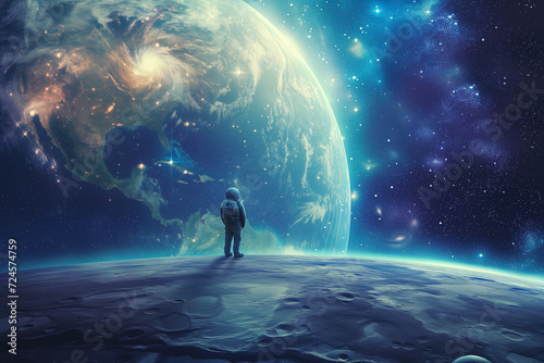 The silhouette of a man in space, standing on the surface and looking at the planets and stars around him, blue color