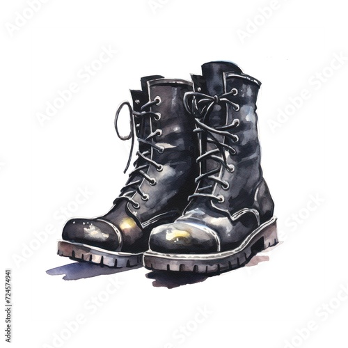 Black leather boots isolated on white background in watercolor style.