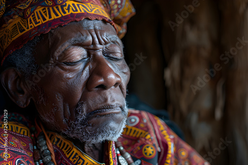 Old man tribe member wearing traditional clothes. Black history month, day. Civil rights, culture, liberty concept. Racial equality