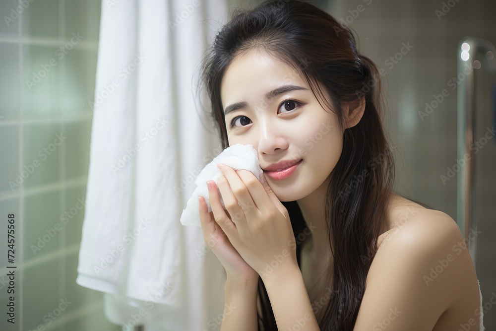 Beautiful woman pampering her skin with a rejuvenating cosmetic treatment in the cozy bathroom Beautiful woman pampering her skin with a rejuvenating cosmetic treatment in the cozy bathroom