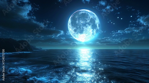 Night sky with blue moon in the clouds over the calm blue sea