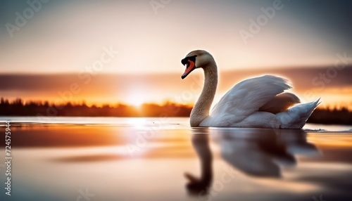 Serene swan glides on a tranquil lake against a fiery sunset backdrop