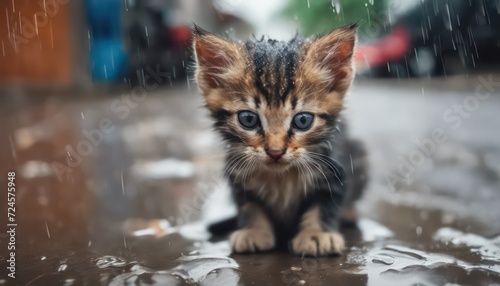 Lonely kitten in the rain