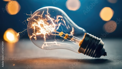 Energized light bulb on dark background with bokeh lights
