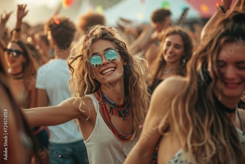 Small group of young adults are dancing around in a crowd together at a music festival. 