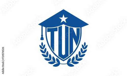 TUN three letter iconic academic logo design vector template. monogram, abstract, school, college, university, graduation cap symbol logo, shield, model, institute, educational, coaching canter, tech
