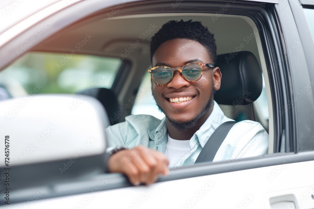 Young man showing key sitting in car