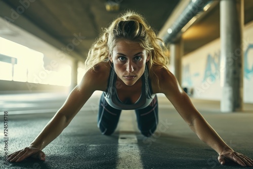 Young caucasian woman training in public garage. Doing push ups. 