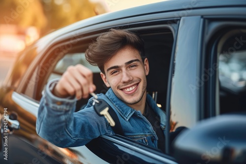 Young man showing key sitting in car 