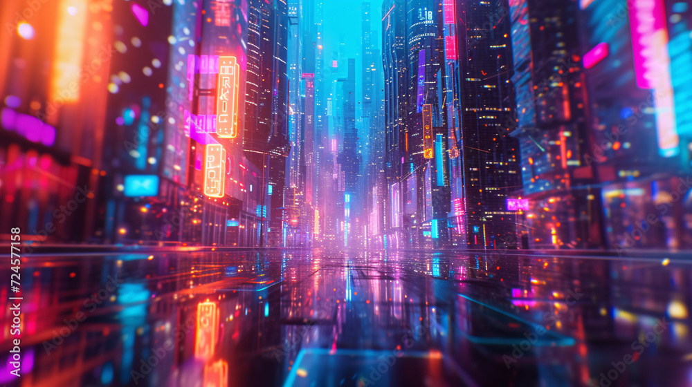 A city street with neon lights and a reflection