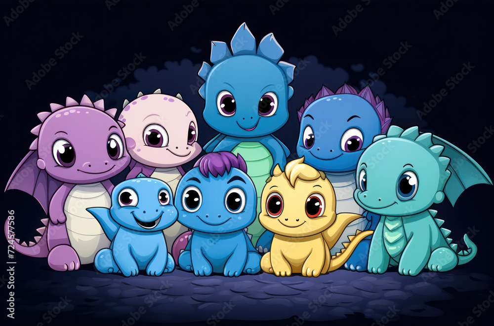 Obraz premium cartoon dragons or dinosaurs characters friends together