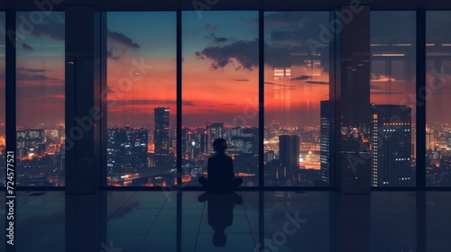   Contemplation urbaine   Personne devant une vue panoramique du lever ou coucher du soleil 