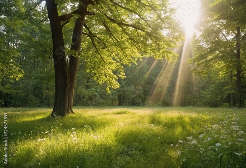 Scenic forest of fresh green deciduous trees framed by leaves, with the sun casting its warm rays through the foliage