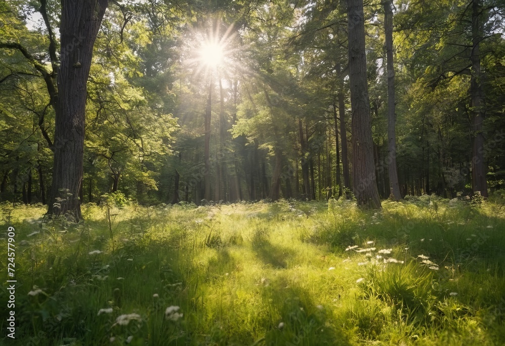 Obraz premium Scenic forest of fresh green deciduous trees framed by leaves, with the sun casting its warm rays through the foliage
