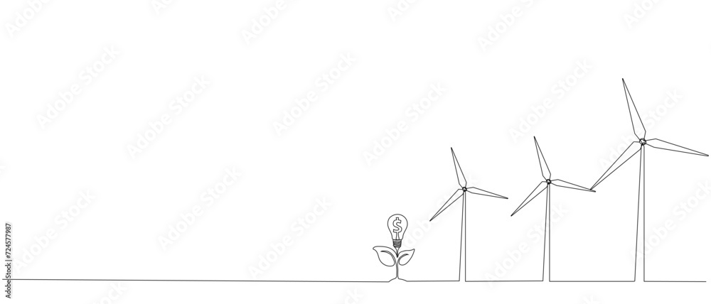 Obraz premium Eco-energy, energy from windmills, wind power plant. Building up ecological energy, increasing environmental friendliness concept in simple linear style of one line. Vector