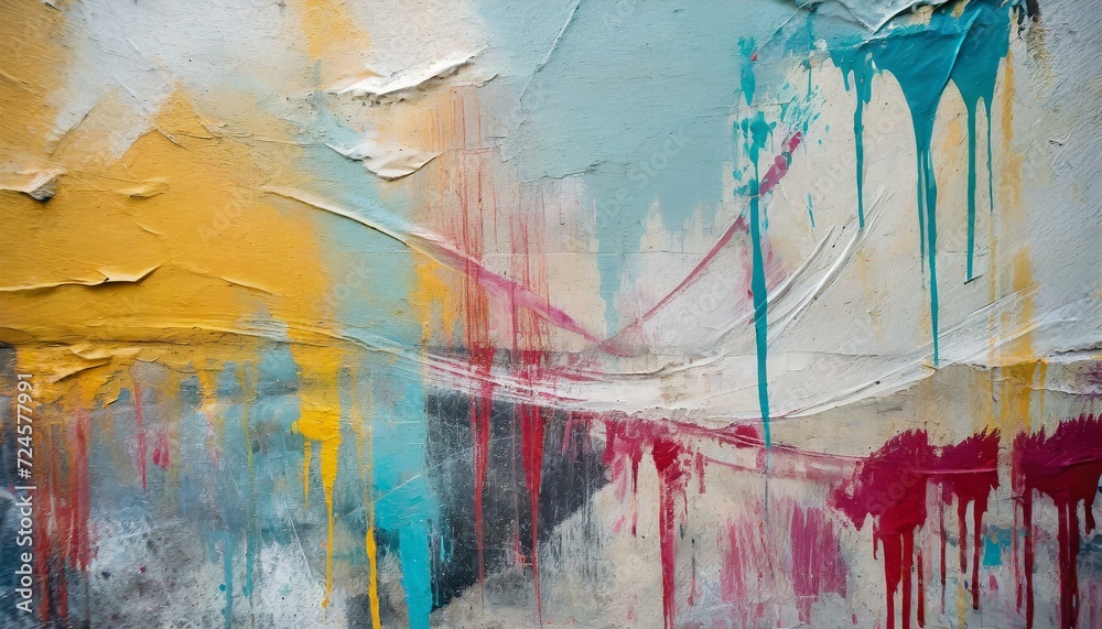 abstract watercolor background, Messy paint strokes and smudges on an old painted wall background. Abstract wall surface with part of graffiti. Colorful drips, flows, streaks of paint and paint sprays - obrazy, fototapety, plakaty 