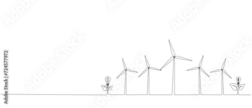 Eco-energy, energy from windmills, wind power plant. Building up ecological energy, increasing environmental friendliness concept in simple linear style of one line. Vector