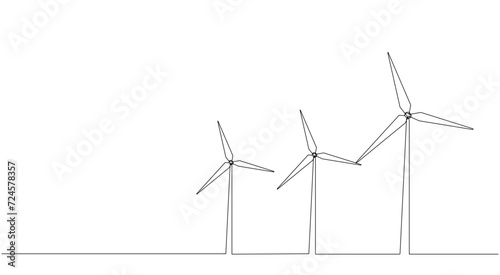 Eco-energy, energy from windmills, wind power plant. Building up ecological energy, increasing environmental friendliness concept in simple linear style of one line. Vector © Lesia