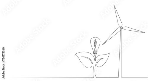 Eco-energy, energy from windmills, wind power plant. Building up ecological energy, increasing environmental friendliness concept in simple linear style of one line. Vector