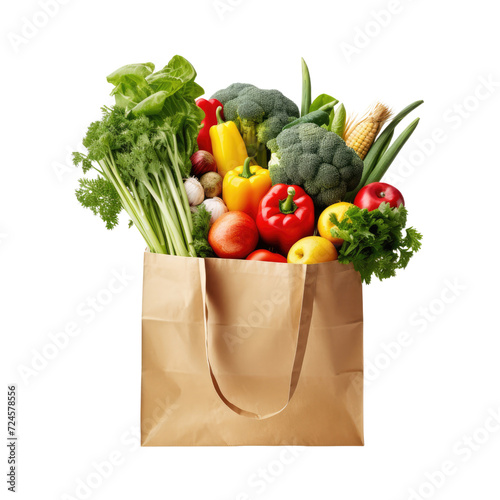 Supermarket. Paper bag full of healthy food on white background