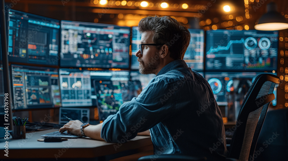 A Man Sitting in Front of a Computer Monitor A Man Sitting in Front of a Computer Monitor