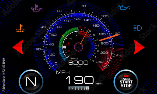 Speed motion line vector abstract tech background with car racing speedometer. Fast auto race, sport drive illustration.