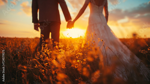 Bride and Groom Holding Hands in a Field at Sunset