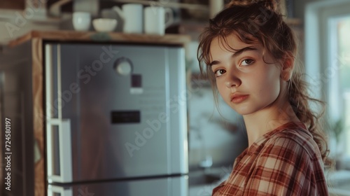 "Jeune femme regardant dans le réfrigérateur à la recherche de nourriture"