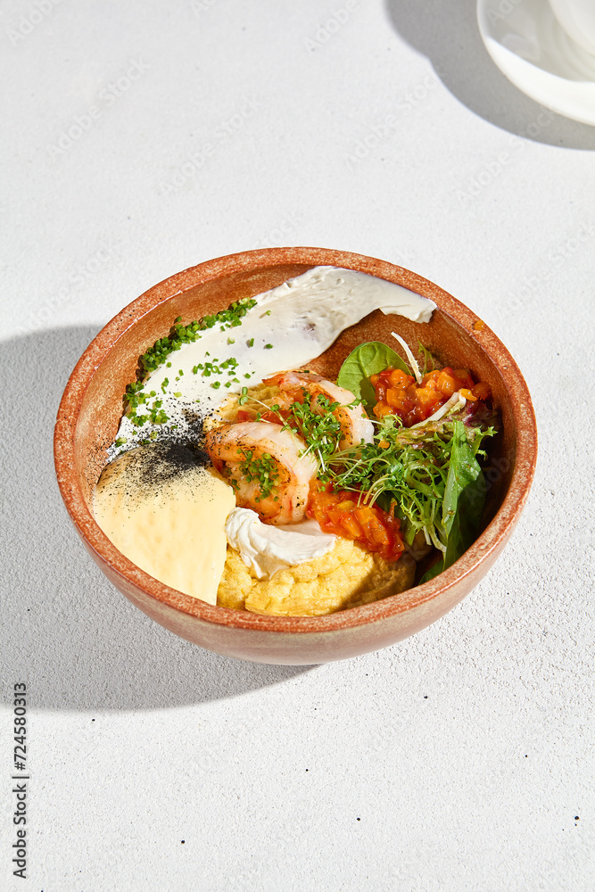 Scrambled omelet with shrimp, tomato salsa, and cheese mousse in a rustic bowl, a fusion of textures and flavors Scrambled omelet with shrimp, tomato salsa, and cheese mousse in a rustic bowl, a fusion of textures and flavors