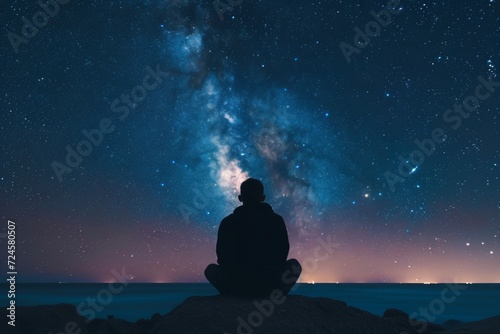 Rocks upon which the person sits are rugged and appear to be near a body of water